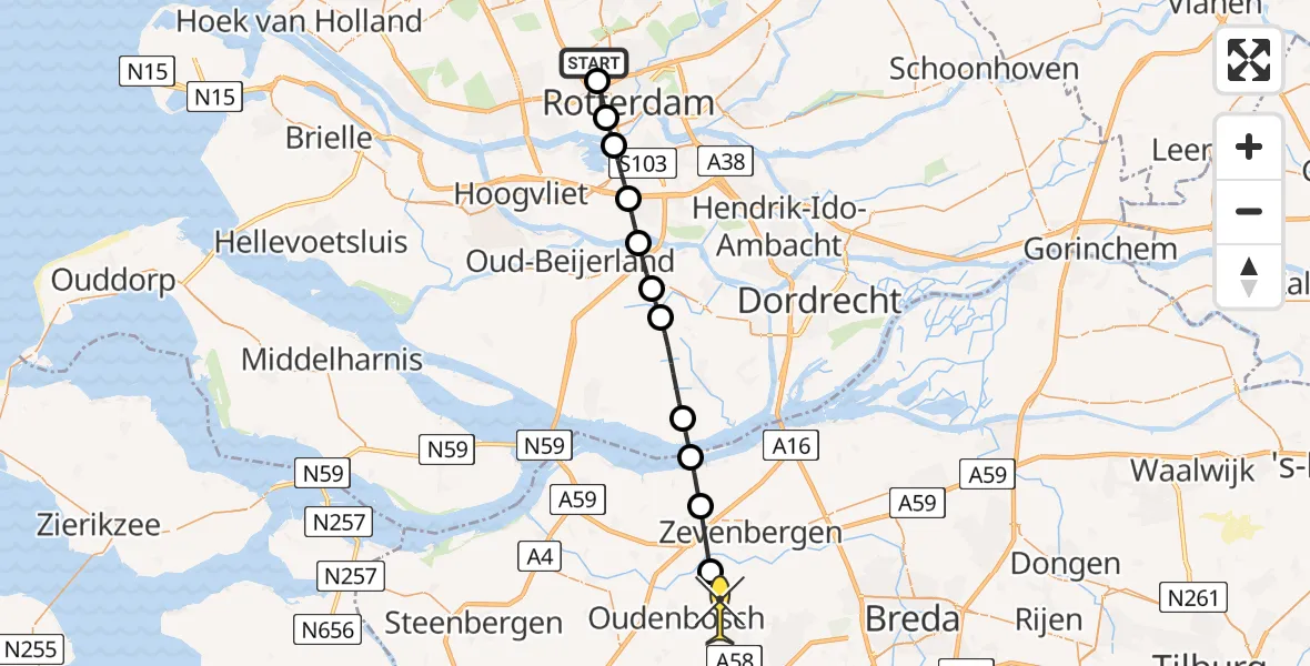 Routekaart van de vlucht: Lifeliner 2 naar Hoeven, Fairoaksbaan