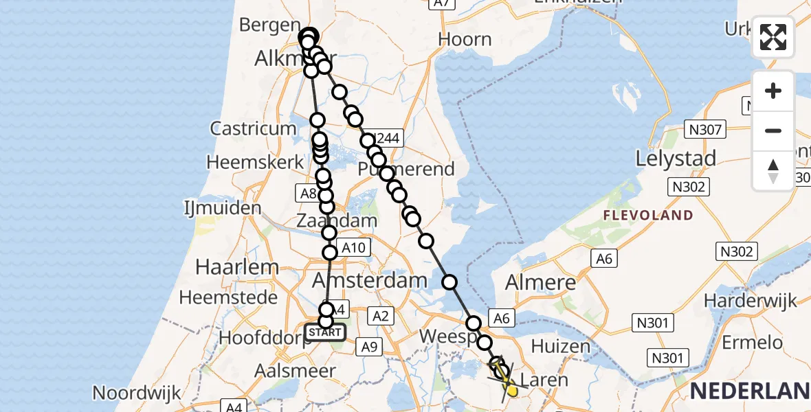 Routekaart van de vlucht: Politiehelikopter naar Bussum, Kraayveldstraat