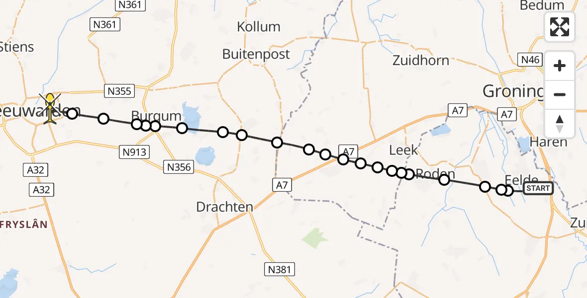Routekaart van de vlucht: Lifeliner 4 naar Leeuwarden, Watermolendijk