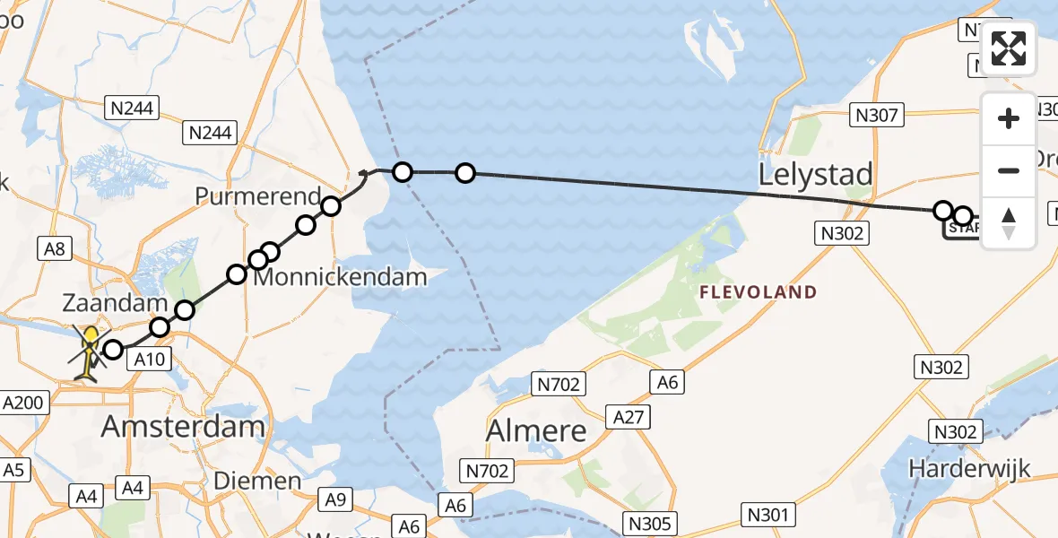 Routekaart van de vlucht: Lifeliner 1 naar Amsterdam Heliport, Zeeastertocht