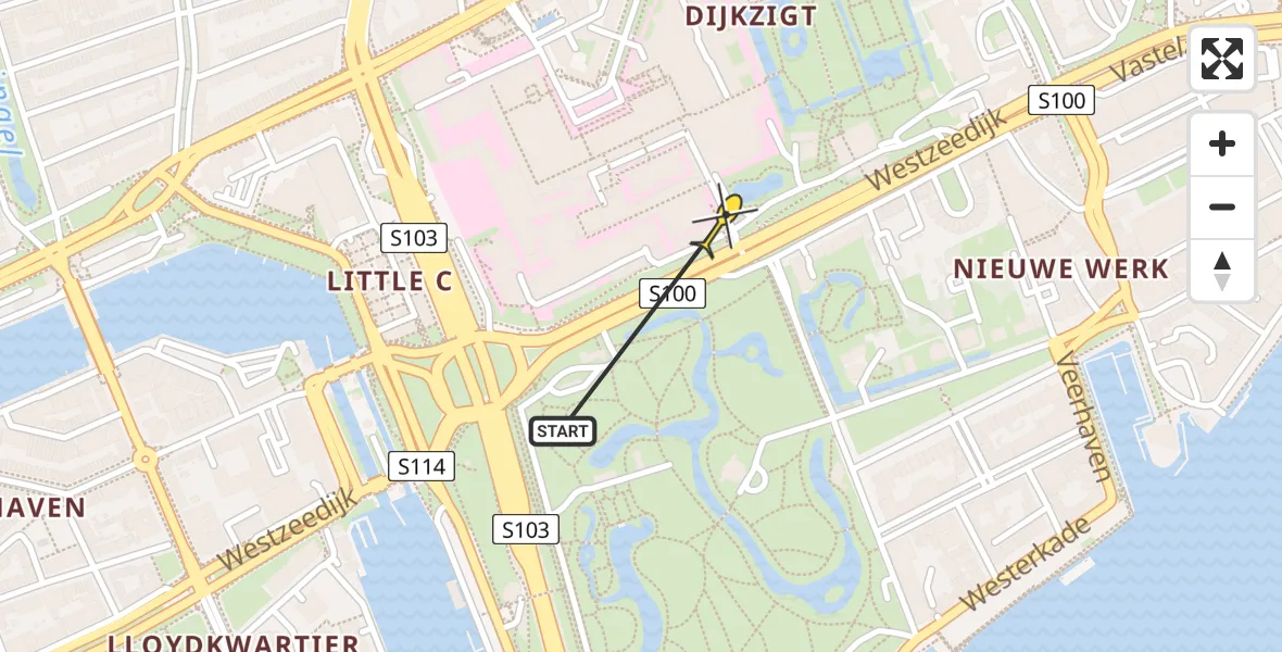 Routekaart van de vlucht: Lifeliner 2 naar Erasmus MC, Westzeedijk