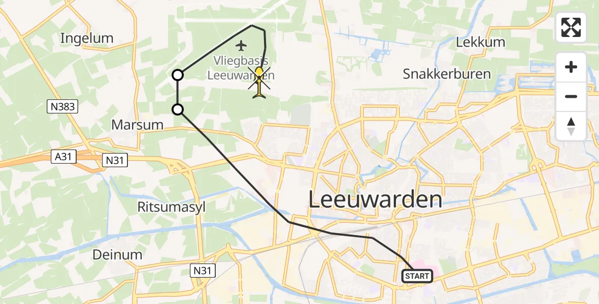 Routekaart van de vlucht: Ambulanceheli naar Vliegbasis Leeuwarden, Waling Dijkstrastraat