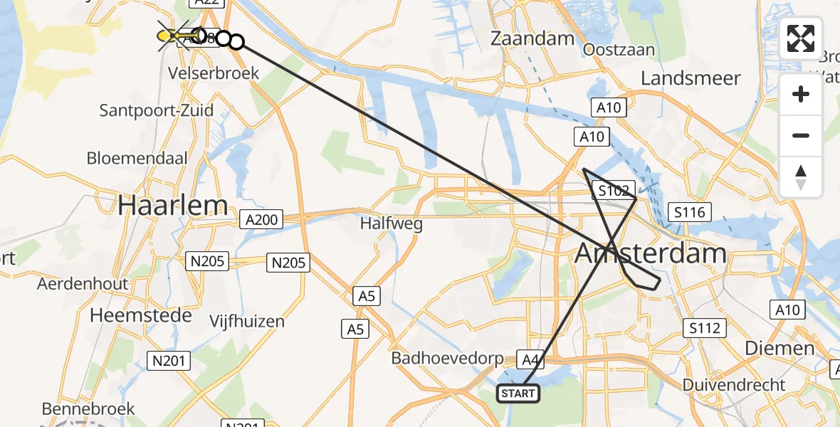 Routekaart van de vlucht: Politiehelikopter naar Santpoort-Noord, Houtmankade