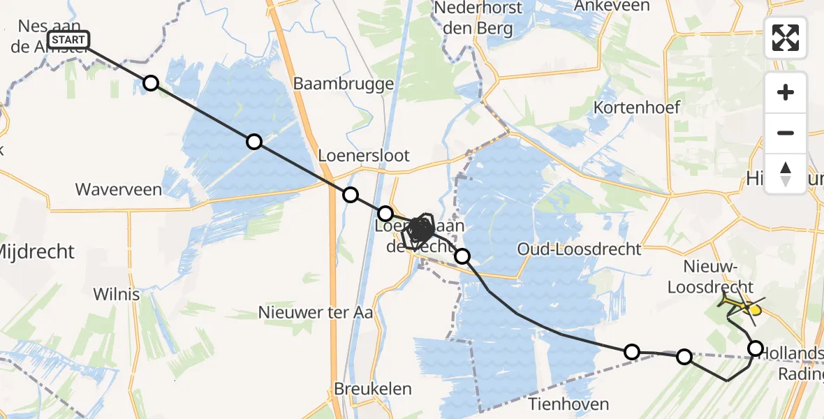 Routekaart van de vlucht: Politiehelikopter naar Vliegveld Hilversum, Botsholsedwarsweg