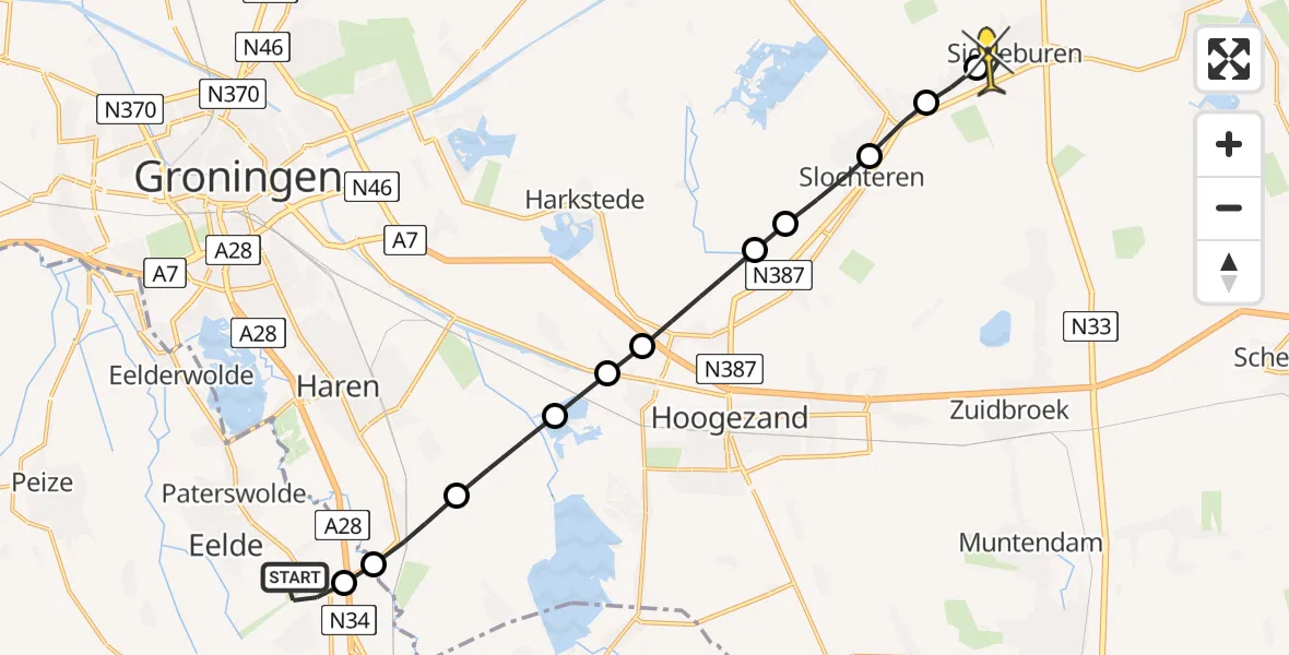 Routekaart van de vlucht: Lifeliner 4 naar Siddeburen, Burgemeester J.G. Legroweg