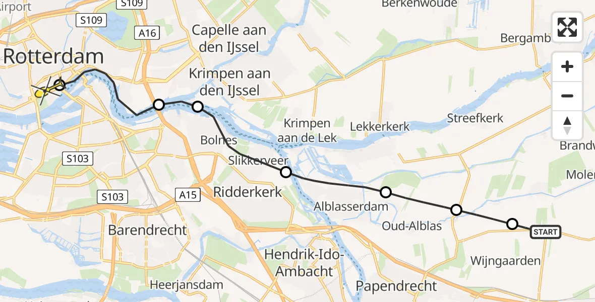 Routekaart van de vlucht: Lifeliner 1 naar Erasmus MC, Wijngaardseweg