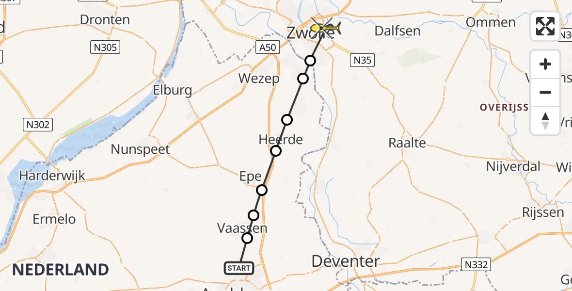 Routekaart van de vlucht: Lifeliner 3 naar Zwolle, Astaweg
