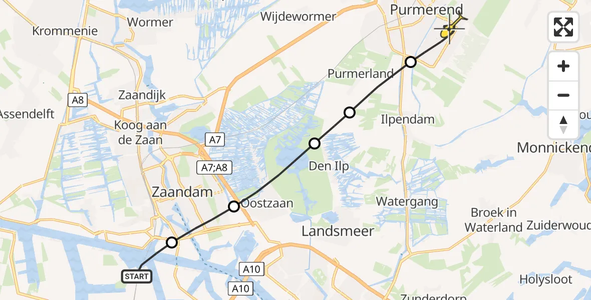 Routekaart van de vlucht: Lifeliner 1 naar Purmerend, Belangenvereniging tuinders Zaanderhorn