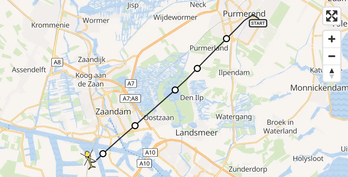 Routekaart van de vlucht: Lifeliner 1 naar Amsterdam Heliport, Laagveenstraat
