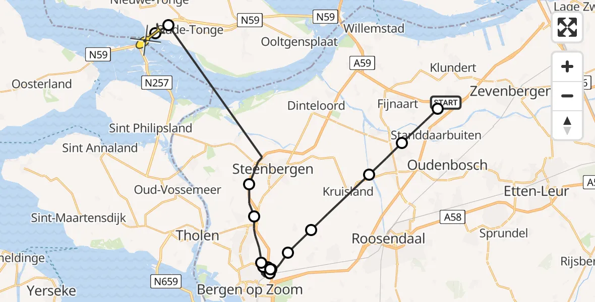 Routekaart van de vlucht: Politieheli naar Oude-Tonge, Kreekdijk