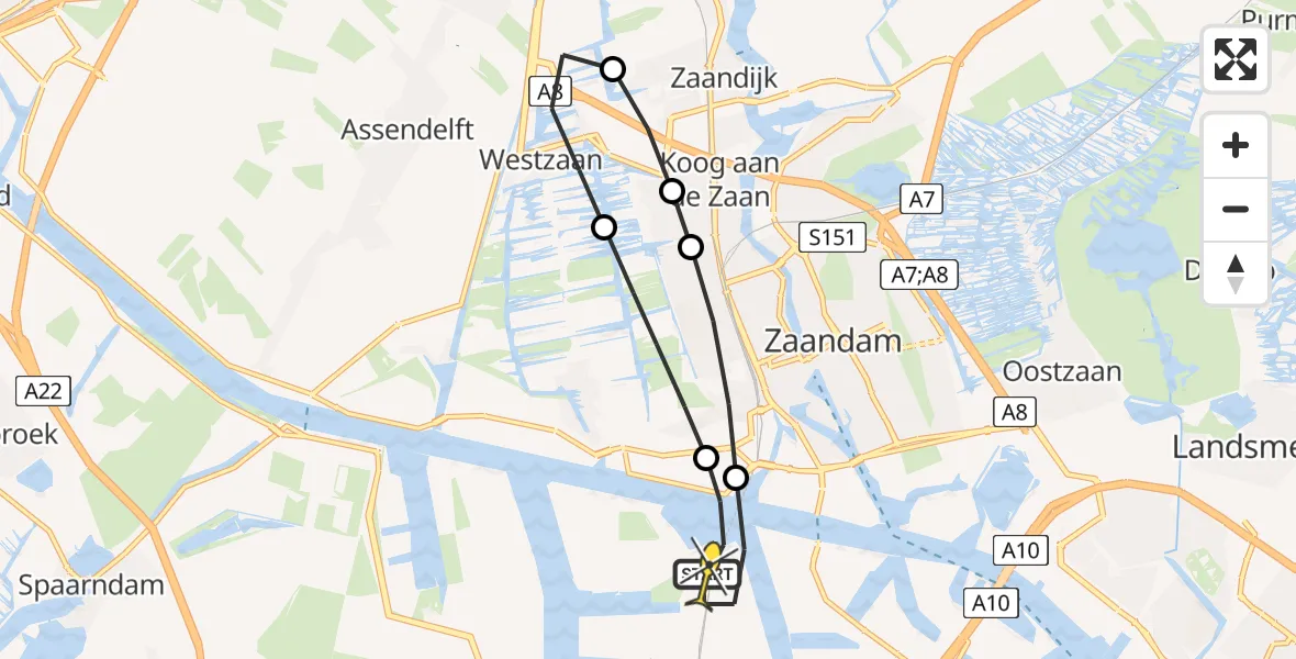 Routekaart van de vlucht: Lifeliner 1 naar Amsterdam Heliport, Hoofdtocht