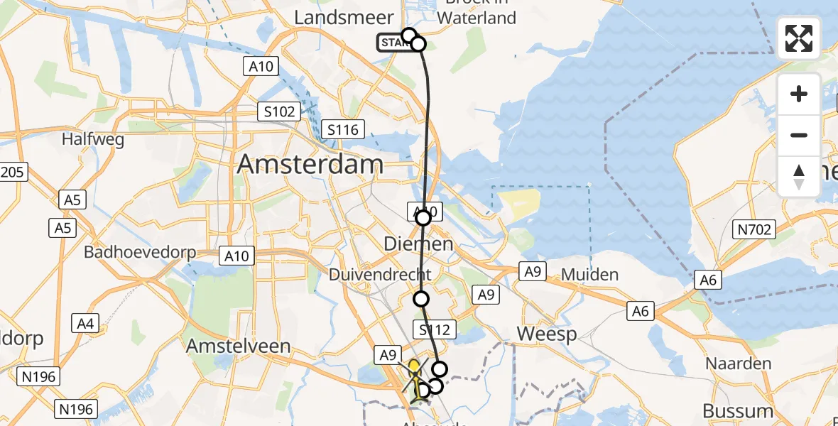 Routekaart van de vlucht: Lifeliner 2 naar Academisch Medisch Centrum (AMC), Broekermeerringsloot