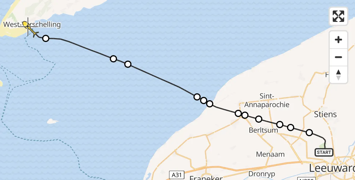 Routekaart van de vlucht: Ambulancehelikopter naar West-Terschelling, Keegsdijkje