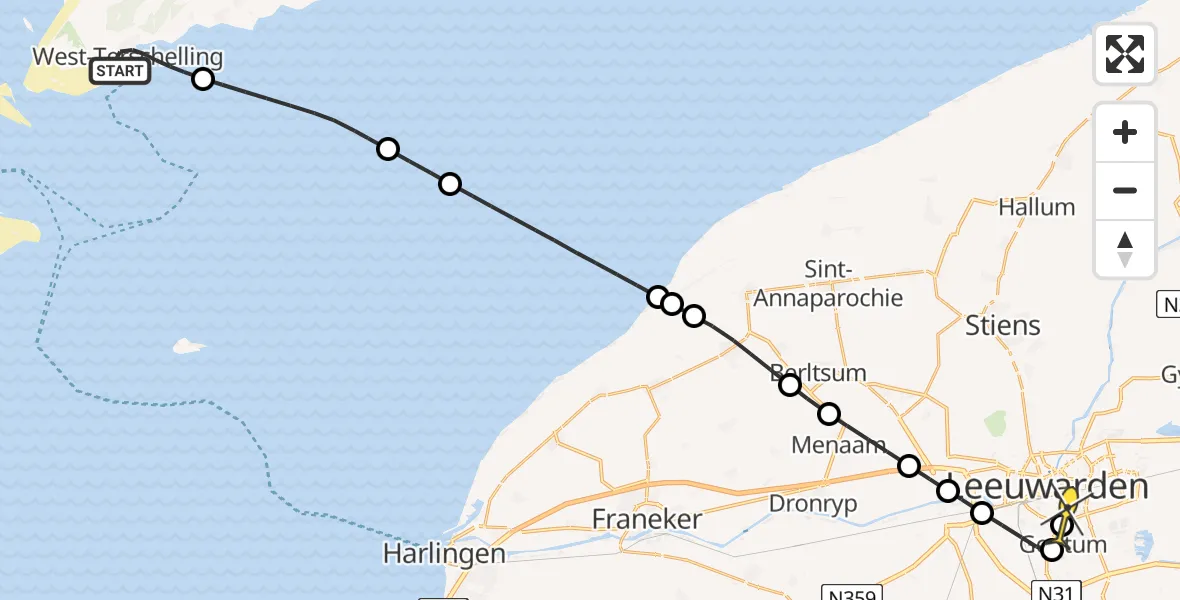 Routekaart van de vlucht: Ambulancehelikopter naar Leeuwarden, Dellewal