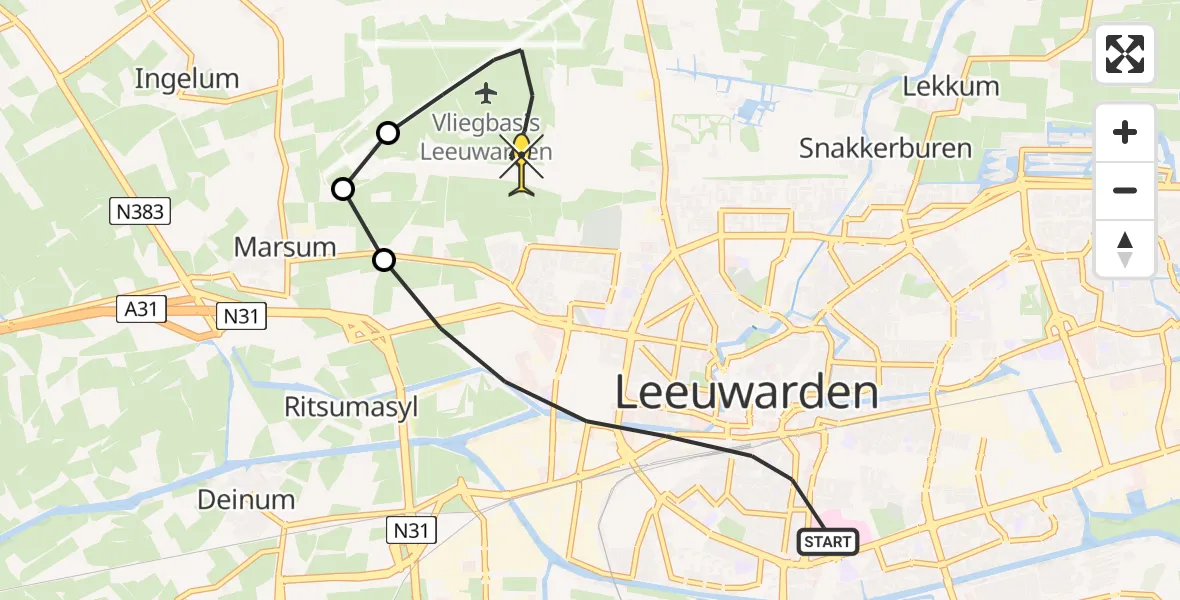 Routekaart van de vlucht: Ambulancehelikopter naar Vliegbasis Leeuwarden, Wijnhornsterstraat