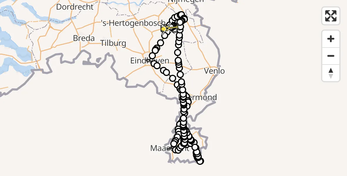 Vluchtroute Politiehelikopter van Vliegbasis Volkel naar Vliegbasis Volkel