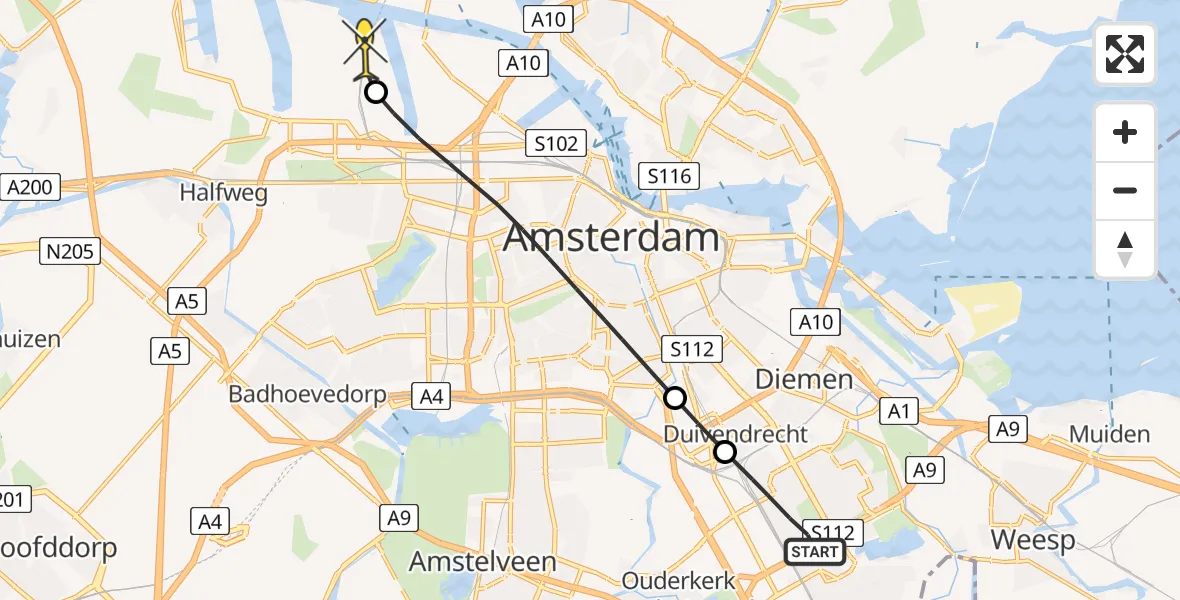 Routekaart van de vlucht: Lifeliner 1 naar Amsterdam Heliport, Hofgeest