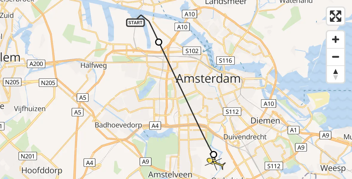 Routekaart van de vlucht: Lifeliner 1 naar Amstelveen, Westhavenweg