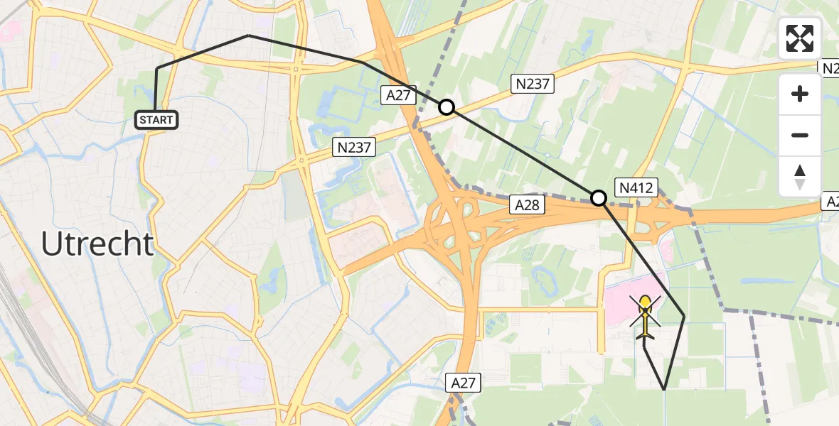 Routekaart van de vlucht: Lifeliner 1 naar Universitair Medisch Centrum Utrecht, Wevelaan