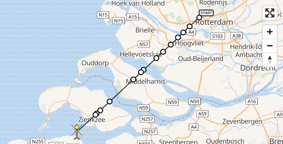 Routekaart van de vlucht: Lifeliner 2 naar Zierikzee, Vliegveldweg