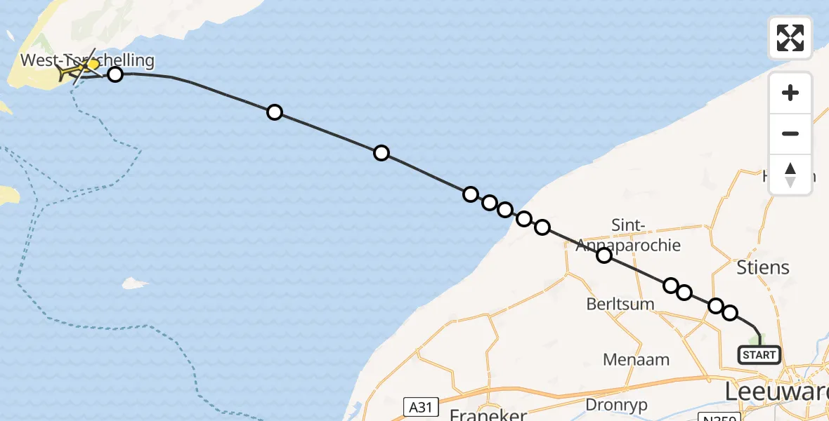 Routekaart van de vlucht: Ambulanceheli naar West-Terschelling, Keegsdijkje