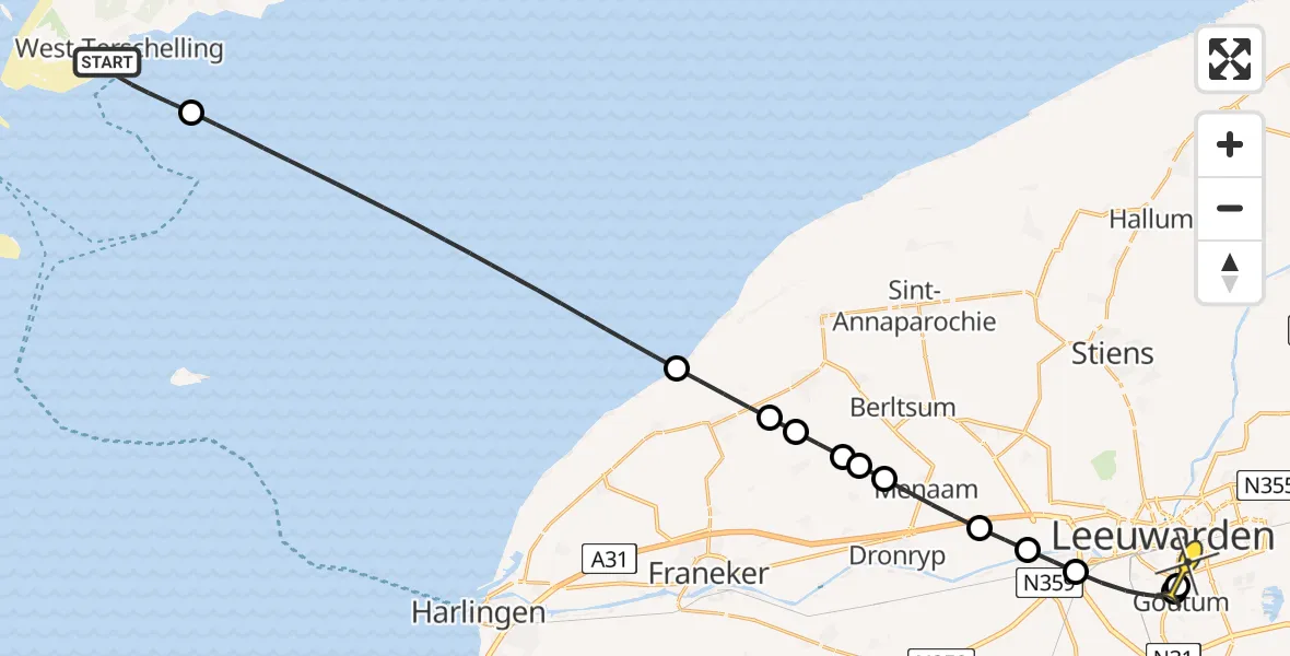Routekaart van de vlucht: Ambulancehelikopter naar Leeuwarden, De Kom