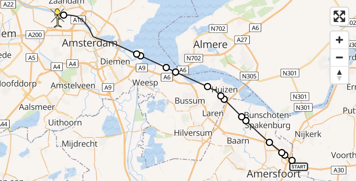 Routekaart van de vlucht: Lifeliner 1 naar Amsterdam Heliport, Nijkerkerstraat