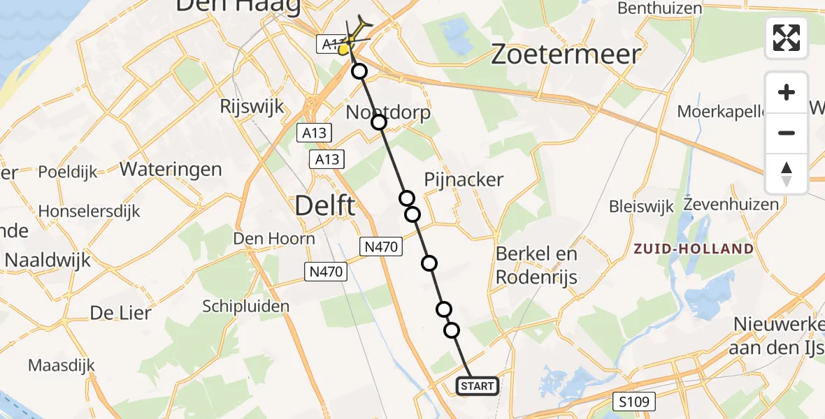 Routekaart van de vlucht: Lifeliner 2 naar Den Haag, Schieveense polder