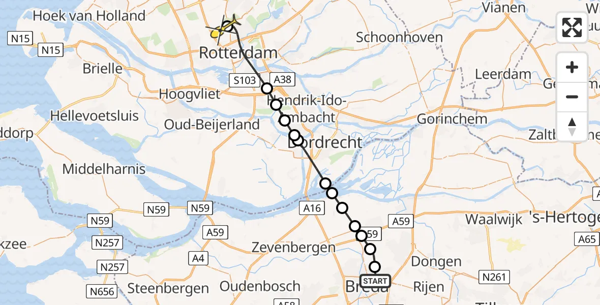 Routekaart van de vlucht: Lifeliner 2 naar Rotterdam The Hague Airport, Bernard de Wildestraat
