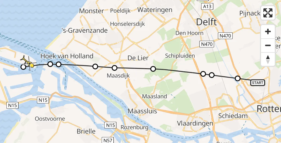 Routekaart van de vlucht: Lifeliner 2 naar Maasvlakte, Schieveensedijk