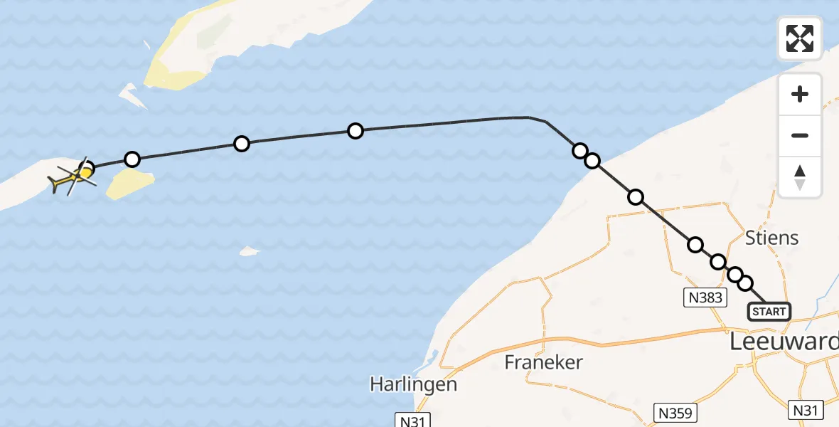 Routekaart van de vlucht: Ambulancehelikopter naar Vlieland Heliport, Keegsdijkje