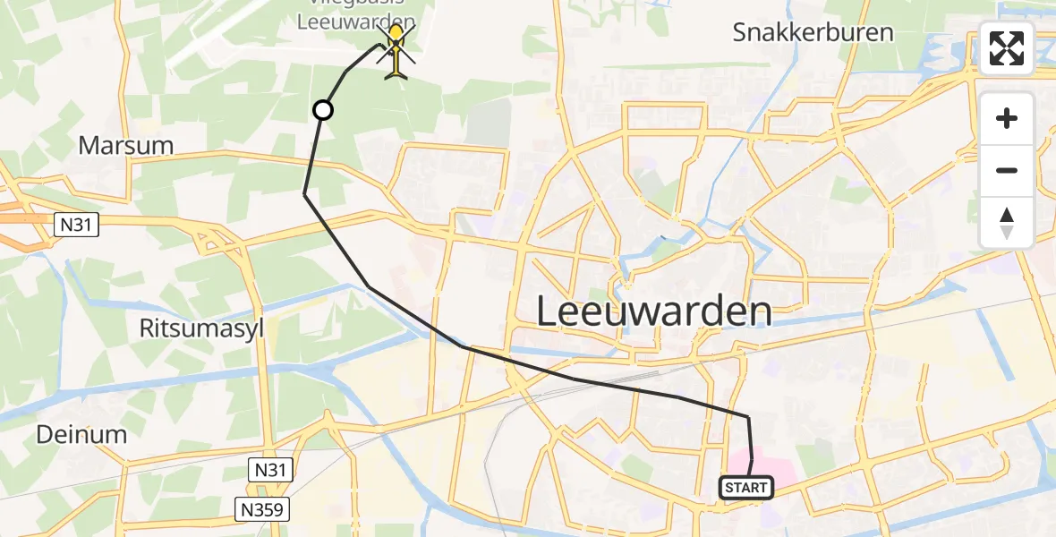 Routekaart van de vlucht: Ambulancehelikopter naar Vliegbasis Leeuwarden, Gymnasiumstraat