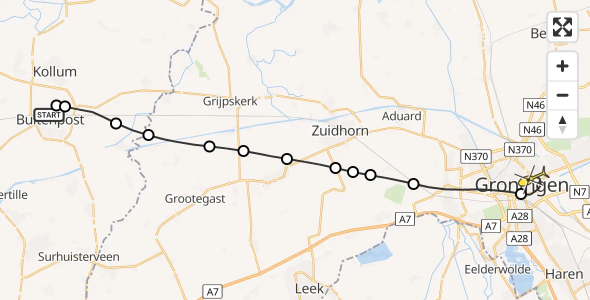 Routekaart van de vlucht: Lifeliner 4 naar Universitair Medisch Centrum Groningen, Swaddesleat