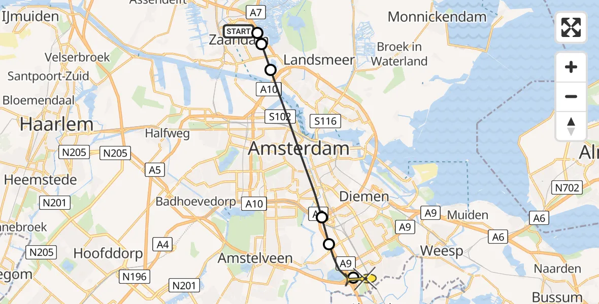 Routekaart van de vlucht: Lifeliner 1 naar Academisch Medisch Centrum (AMC), De Watering