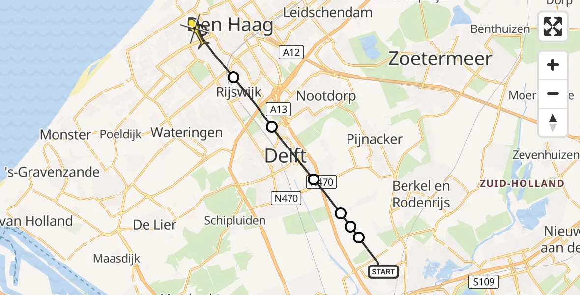 Routekaart van de vlucht: Lifeliner 2 naar Den Haag, Regentesselaan