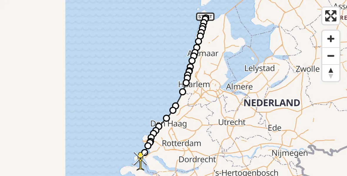 Routekaart van de vlucht: Kustwachthelikopter naar Ouddorp, Balgzandkanaal