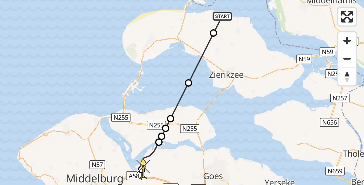 Routekaart van de vlucht: Kustwachthelikopter naar Vliegveld Midden-Zeeland, Schendersweg