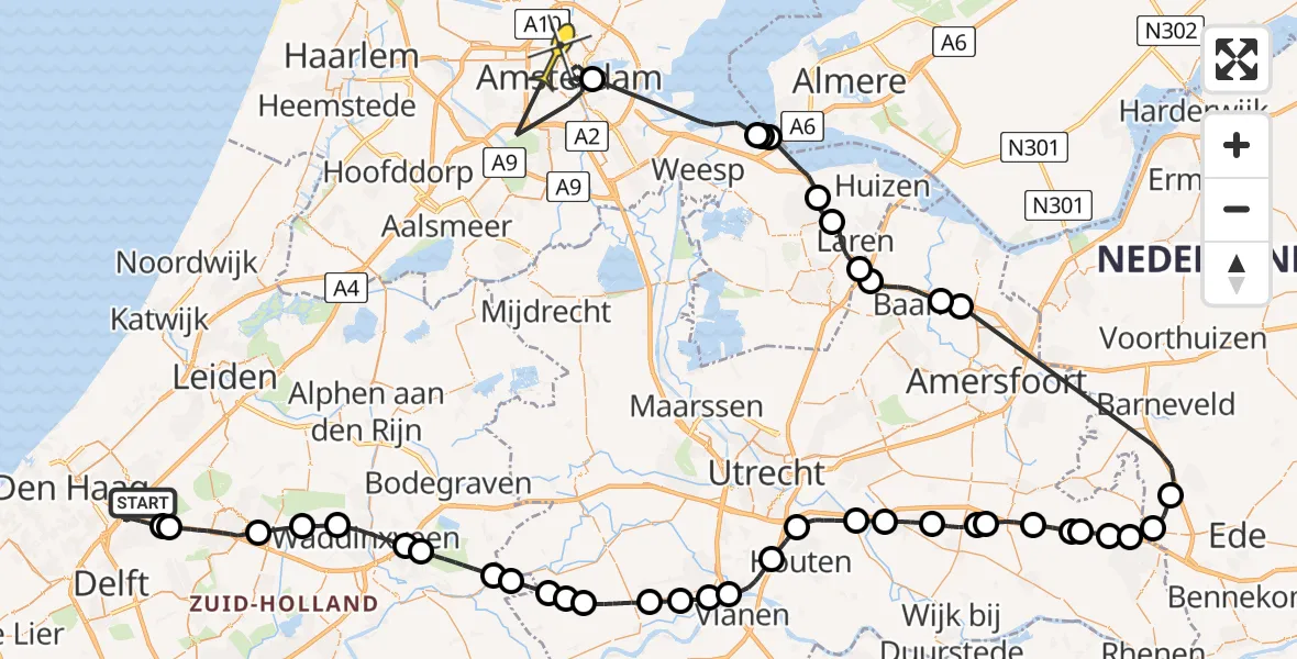 Vluchtroute Politiehelikopter van Den Haag naar Amsterdam