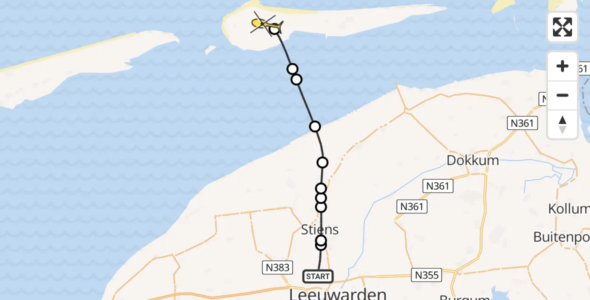 Routekaart van de vlucht: Ambulancehelikopter naar Ameland Airport Ballum, Keegsdijkje