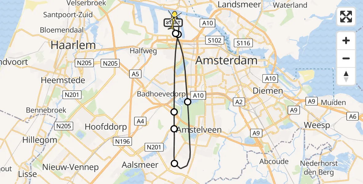 Routekaart van de vlucht: Lifeliner 1 naar Amsterdam Heliport, Hornweg