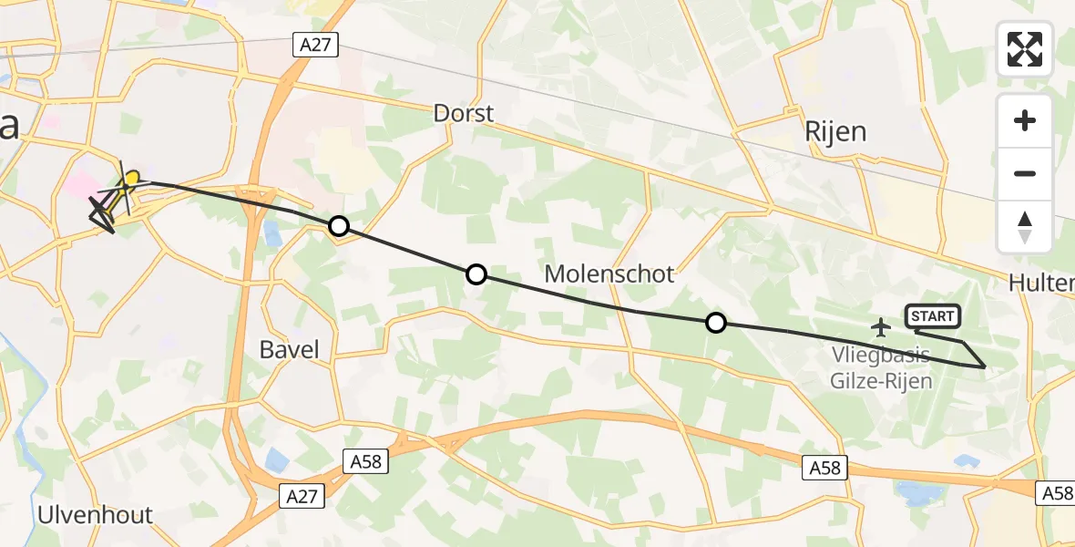 Routekaart van de vlucht: Lifeliner 2 naar Breda, Rijksweg