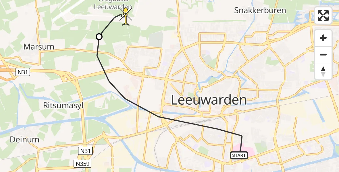 Routekaart van de vlucht: Ambulancehelikopter naar Vliegbasis Leeuwarden, Gymnasiumstraat