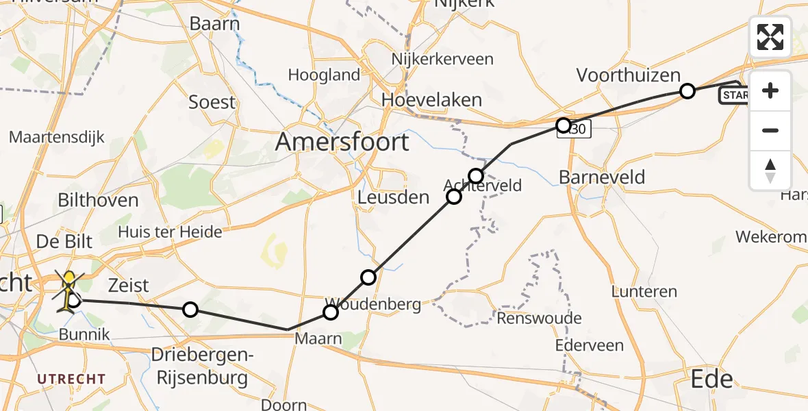Routekaart van de vlucht: Lifeliner 3 naar Universitair Medisch Centrum Utrecht, Haarweg