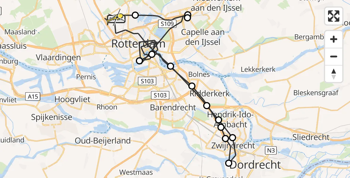 Routekaart van de vlucht: Politieheli naar Rotterdam The Hague Airport, Fairoaksbaan
