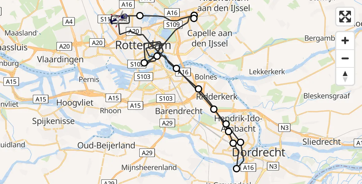 Vluchtroute Politiehelikopter van Rotterdam The Hague Airport naar Rotterdam The Hague Airport