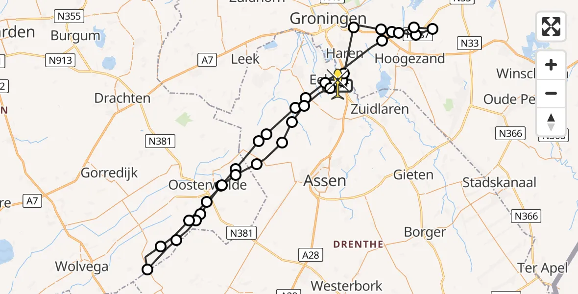 Routekaart van de vlucht: Lifeliner 4 naar Groningen Airport Eelde, Oosterbroek