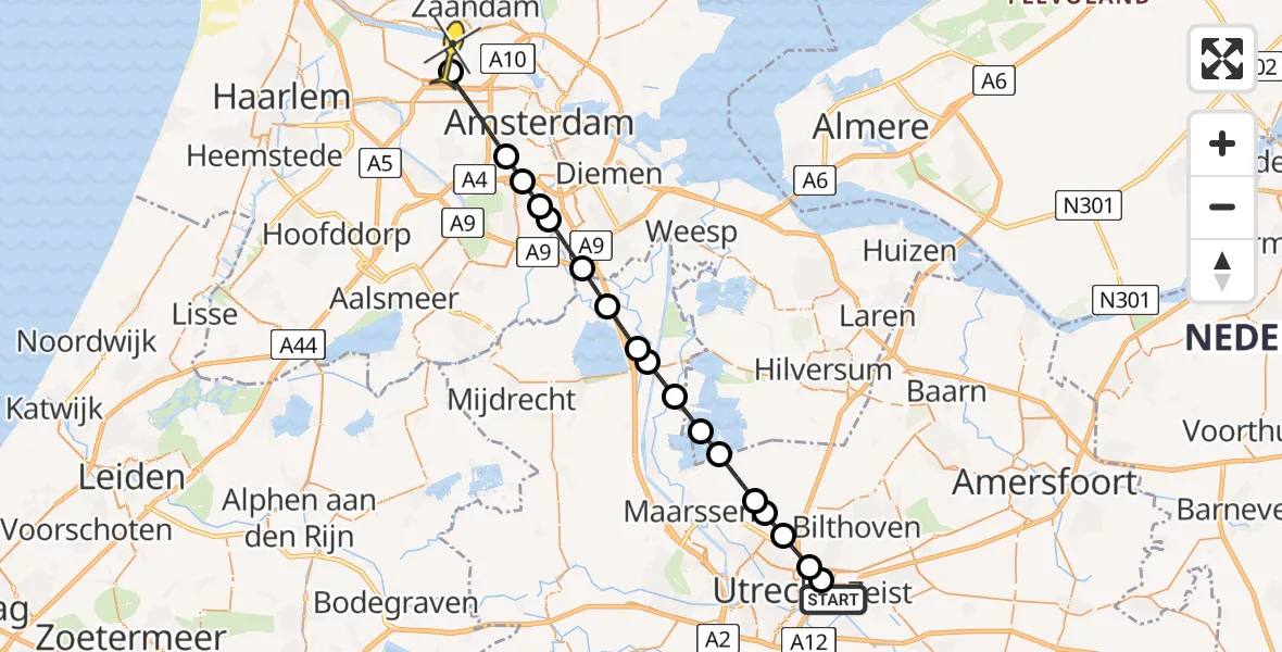 Routekaart van de vlucht: Lifeliner 1 naar Amsterdam Heliport, Lindeneiland