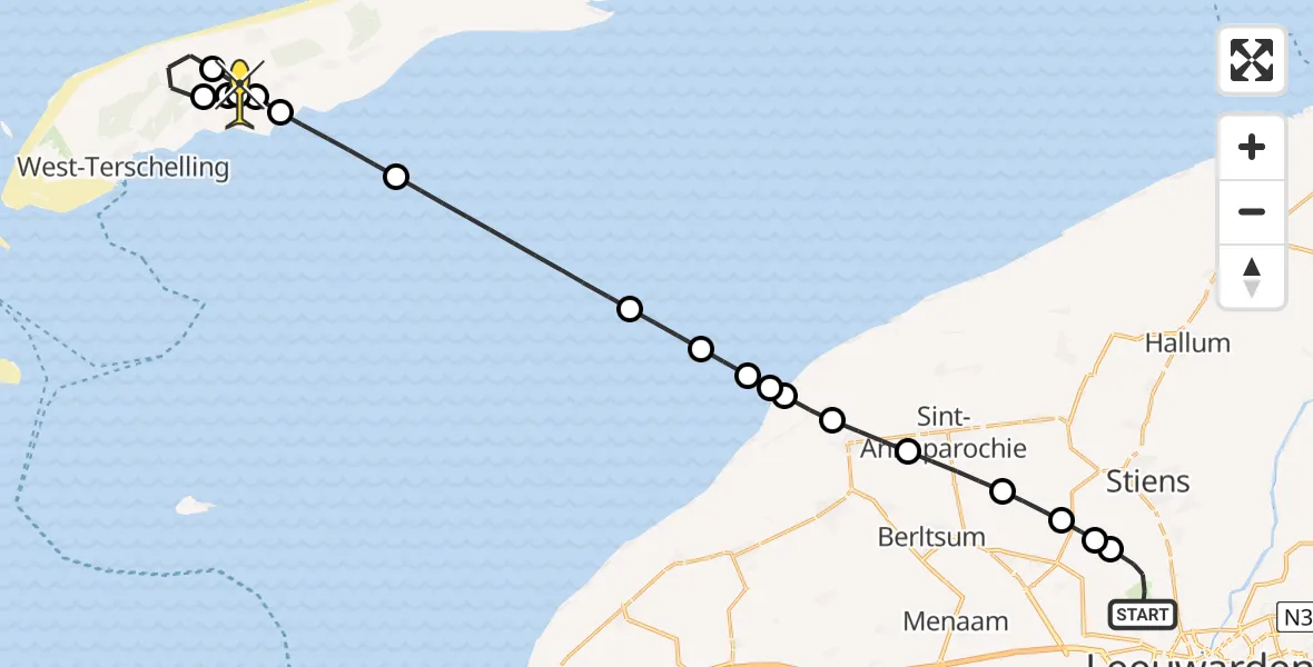Routekaart van de vlucht: Ambulancehelikopter naar Midsland, Keegsdijkje