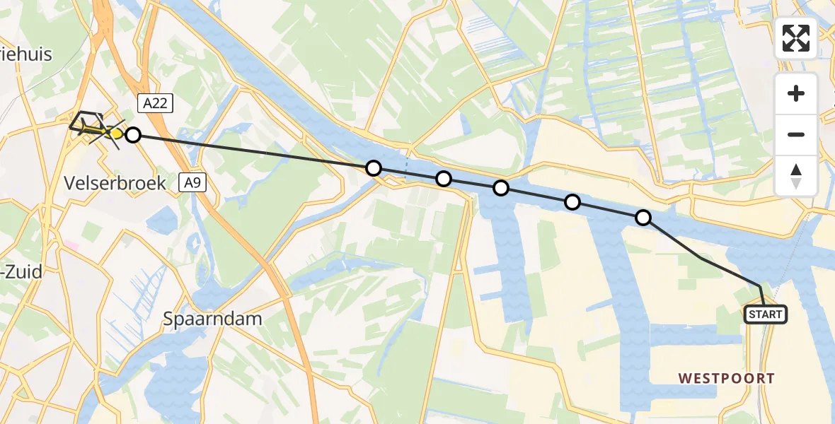 Routekaart van de vlucht: Lifeliner 1 naar Velserbroek, Amsterdamseweg
