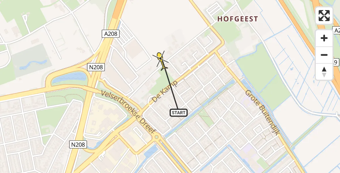 Routekaart van de vlucht: Lifeliner 1 naar Velserbroek, Hofgeesterweg